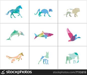 Lion and panther colorful logos. Fish and horse icons, dog and fox illustration.
