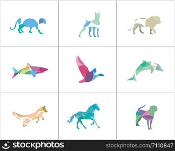Lion and panther colorful logos. fox and horse icons, dog and duck illustration.