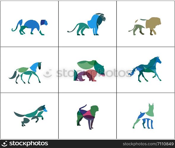 Lion and panther colorful logos. Panda and horse icons, dog and duck illustration.