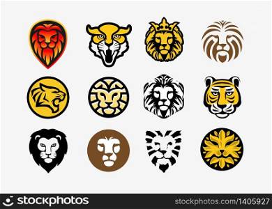 lion and tiger head logo mascot set , tiger and lion face wild animal vector illustration
