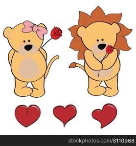 Lion character cartoon valentine rose pack Vector Image