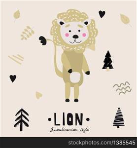 Lion cute funny character. Childish vector illustration in scandinavian style. Lion cute funny character. Childish vector illustration in scandinavian style flat design. Vector illusttration isolated concept for children print poster banner