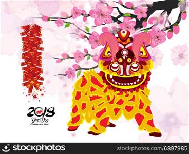 Lion dancing and chinese new year with firecracker