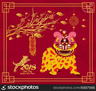 Lion dancing and chinese new year with firecracker