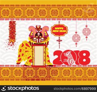 Lion dancing head and chinese new year 2018 with firecracker