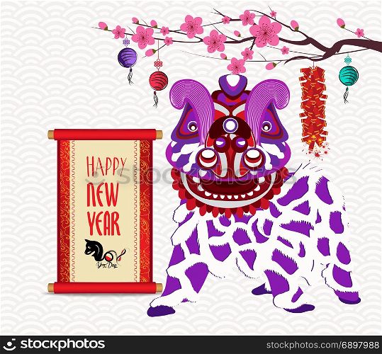 Lion dancing head and chinese new year with firecracker with scroll