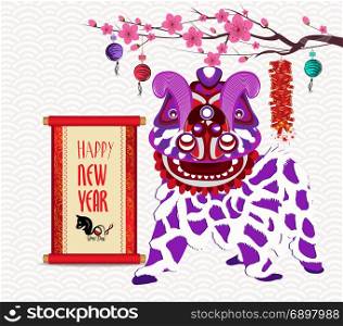 Lion dancing head and chinese new year with firecracker with scroll