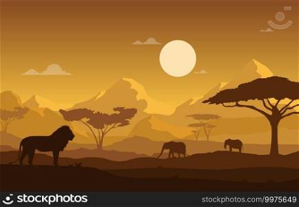 Lion Elephant Animal Savanna Landscape Africa Wildlife Illustration