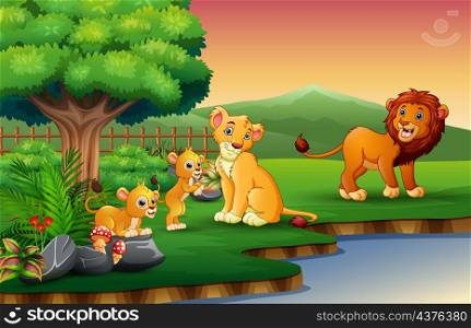 Lion family cartoon are enjoying nature by the river