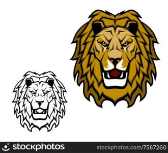 Lion head mascot. King of animal, african safari, sport club or heraldic vector symbol. Savannah wild cat roaring showing teeth, fangs and brown mane. Isolated cartoon sport mascot. Lion wild cat animal vector mascot