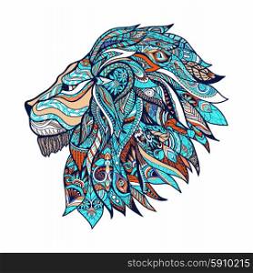 Lion head profile with decorative swirls ornament colored vector illustration. Lion Colored Illustration