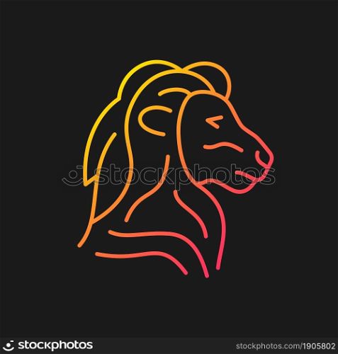 Lion head symbol gradient vector icon for dark theme. Singapore national animal. Official mascot. Merlion statue. Thin line color symbol. Modern style pictogram. Vector isolated outline drawing. Lion head symbol gradient vector icon for dark theme