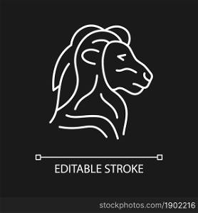 Lion head symbol white linear icon for dark theme. Singapore national animal. Official mascot. Thin line customizable illustration. Isolated vector contour symbol for night mode. Editable stroke. Lion head symbol white linear icon for dark theme
