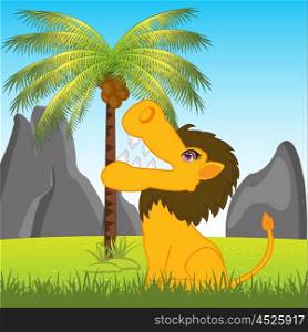 Lion in africa on glade. The Animal lion on glade under palm.Vector illustration