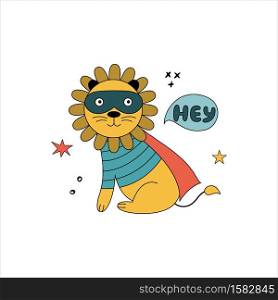 Lion in funny comic costumes. Vector hand drawn illustration with wild animal on white background. Can be used for getting card, nursery, poster