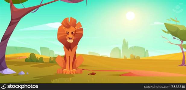 Lion in savanna, african animal in nature, wild cat sitting on natural landscape background with trees and shining sun. Safari, outdoor zoo park with predator, powerful leo Cartoon vector illustration. Lion in savanna, african animal in nature wild cat