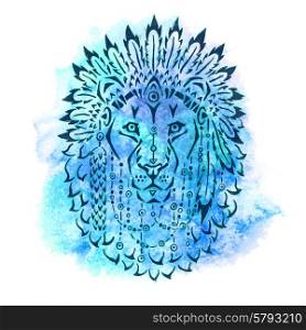 Lion in war bonnet, hand drawn animal illustration, native american poster, t-shirt design
