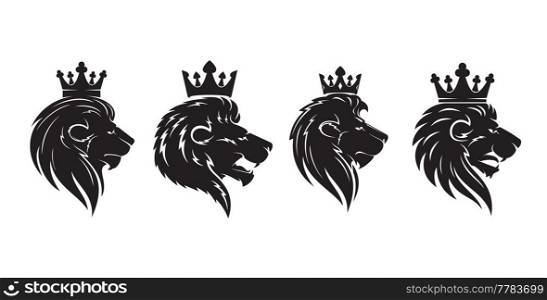 Lion king head with crown, heraldry royal icon or heraldic emblem, vector animal coat of arms. Heraldic lion with crown crest silhouette, royal shield or mascot badge, rampant Leo for imperial blazon. Lion king head with crown, heraldry royal icon