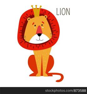 Lion king in crown with mane childish book character. Wild animal from savannah cartoon picture from fairy tale. Predator from Africa in accessory that symbolizes power isolated vector illustration.. Lion king in crown with mane childish character