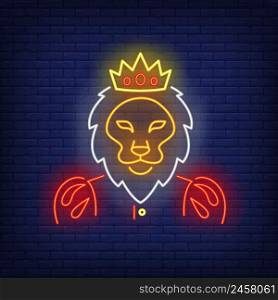 Lion king neon sign. Strength, power design. Night bright neon sign, colorful billboard, light banner. Vector illustration in neon style.