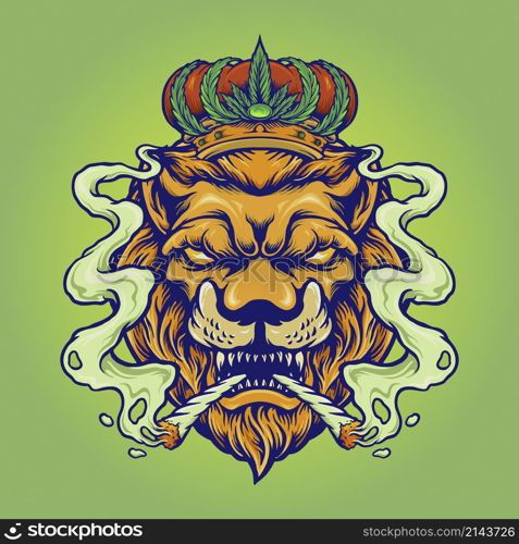 Lion King Smoke Weed Mascot Vector illustrations for your work Logo, mascot merchandise t-shirt, stickers and Label designs, poster, greeting cards advertising business company or brands.