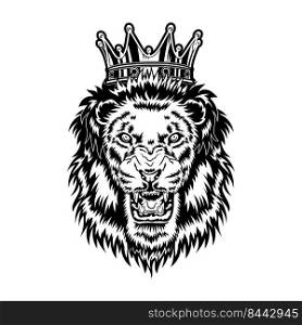 Lion king vector illustration. Head of angry roaring male animal with mane and royal crown. Power concept for tattoo templates, wildlife or leadership topics