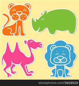 Lion, lioness, rhino and camel on light yellow background, cartoon flat vector illustration