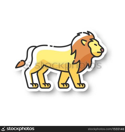 Lion patch. Exotic carnivore animal, dangerous predator. Tropical zoo inhabitant. African safari, savanna RGB color printable sticker. Wild cat with mane vector isolated illustration. Lion patch