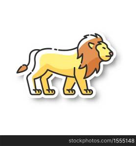 Lion patch. Exotic carnivore animal, dangerous predator. Tropical zoo inhabitant. African safari, savanna RGB color printable sticker. Wild cat with mane vector isolated illustration. Lion patch