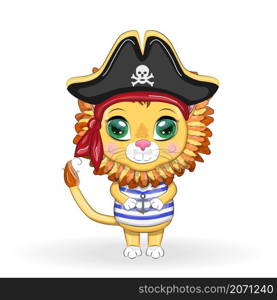 Lion pirate, cartoon character of the game, wild animal cat in a bandana and a cocked hat with a skull, with an eye patch. Character with bright eyes Isolated on white. Lion pirate, cartoon character of the game, wild animal cat in a bandana and a cocked hat with a skull, with an eye patch. Character with bright eyes