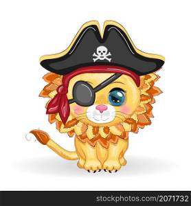 Lion pirate, cartoon character of the game, wild animal cat in a bandana and a cocked hat with a skull, with an eye patch. Character with bright eyes Isolated on white. Lion pirate, cartoon character of the game, wild animal cat in a bandana and a cocked hat with a skull, with an eye patch. Character with bright eyes