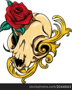 Lion skull and baroque with rose for tattoo design of illustration
