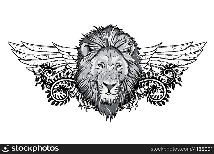 lion with floral and wings vector illustration