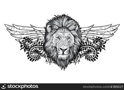 lion with floral and wings vector illustration