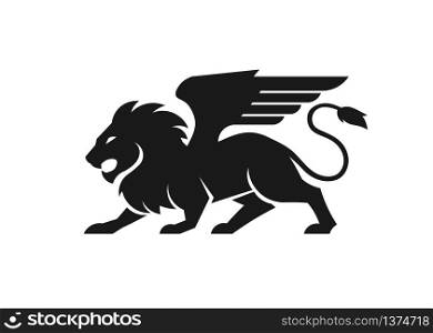 Lion with wing silhouette isolated on white background vector illustration.