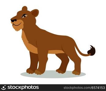 Lioness or lion cub cartoon character. Adult lion female flat vector isolated on white. African fauna. Wild animal illustration for zoo ad, nature concept, children book illustrating. Lioness or Lion Cub Cartoon Icon in Flat Design