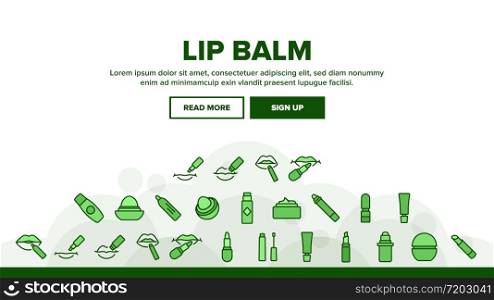 Lip Balm Cosmetic Landing Web Page Header Banner Template Vector. Lip Balm Package And Containers, Tube And Lipstick Fashion Beauty Accessory Illustrations. Lip Balm Cosmetic Landing Header Vector