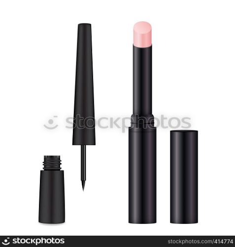 Lip balm, eyeliner set realistic vector illustration design. Pink.