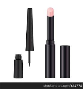 Lip balm, eyeliner set realistic vector illustration design. Pink.