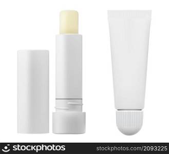 Lip balm tube mockup. Lipstick gloss cosmetic container vector package template. Woman decorative lip moisture tube, lip care ointment or moisturizer balsam. Beauty products cream mock up. Lip balm tube mockup. Lipstick gloss container