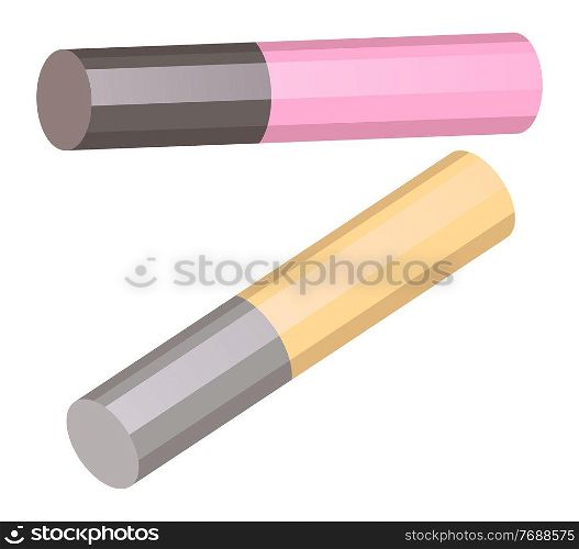 Lip gloss pin and yellow isolated at white. 3d icons of long tubes with lipstick. Cosmetics concept. Tool or instrument, equipment for visagiste. Packaging design of lip gloss. Simple cosmetic icons. Lip gloss pin and yellow isolated at white, 3d icons of tubes with lipstick, cosmetics concept