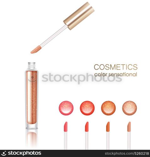 Lip Gloss Set. Lip gloss realistic set with cosmetics symbols isolated vector illustration