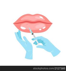 Lip injection. Cartoon pink aesthetic beautiful lips, medical plastic syringe with cosmetic injection, vector illustration concept of dermatology and cosmetology treatment. Cosmetology lip injection