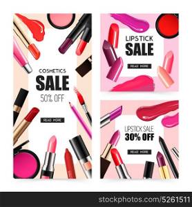 Lip Makeup Realistic Sale Banners . Lip makeup accessoires 2 realistic sale banners with lipstick gloss balm liner radiant colors isolated vector illustration