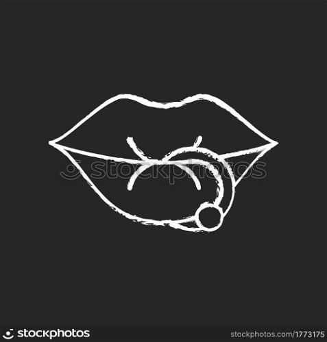 Lip piercing chalk white icon on dark background. Beautiful jewellery type inserted into lip. Metal needles for making professional piercing work. Isolated vector chalkboard illustration on black. Lip piercing chalk white icon on dark background