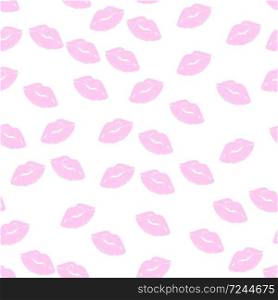Lip seamless pattern. Pink lipstick kisses silhouettes, different shapes of female sexy glamour lips. Romantic endless print for valentines day, beauty and cosmetics vector background on white. Lip seamless pattern. Pink lipstick kisses silhouettes, different shapes of female sexy lips. Romantic endless print for valentines day, beauty and cosmetics vector background