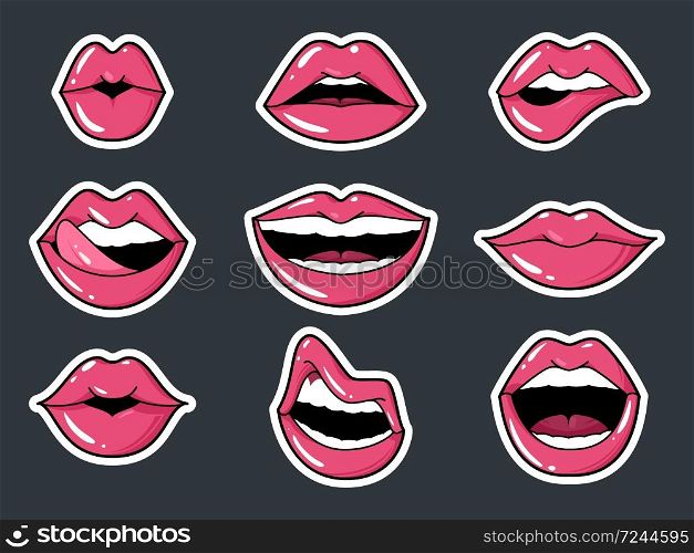 Lip Stickers Set. Patch female lips and mouth with a kiss, smile, tongue and teeth, Fashion sexy glamour collection badges elements isolated vector illustration. Lip Stickers Set. Patch female lips and mouth with a kiss, smile, tongue and teeth, Fashion collection badges elements vector illustration