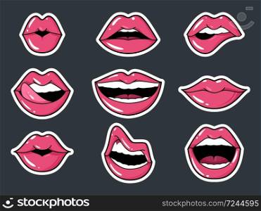 Lip Stickers Set. Patch female lips and mouth with a kiss, smile, tongue and teeth, Fashion sexy glamour collection badges elements isolated vector illustration. Lip Stickers Set. Patch female lips and mouth with a kiss, smile, tongue and teeth, Fashion collection badges elements vector illustration