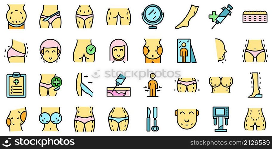 Liposuction icons set outline vector. Women waist. Belly body. Liposuction icons set vector flat