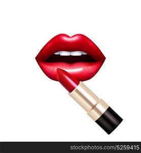 Lips And Lipstick Realistic Set. Lips and lipstick realistic set with glossy red color isolated vector illustration
